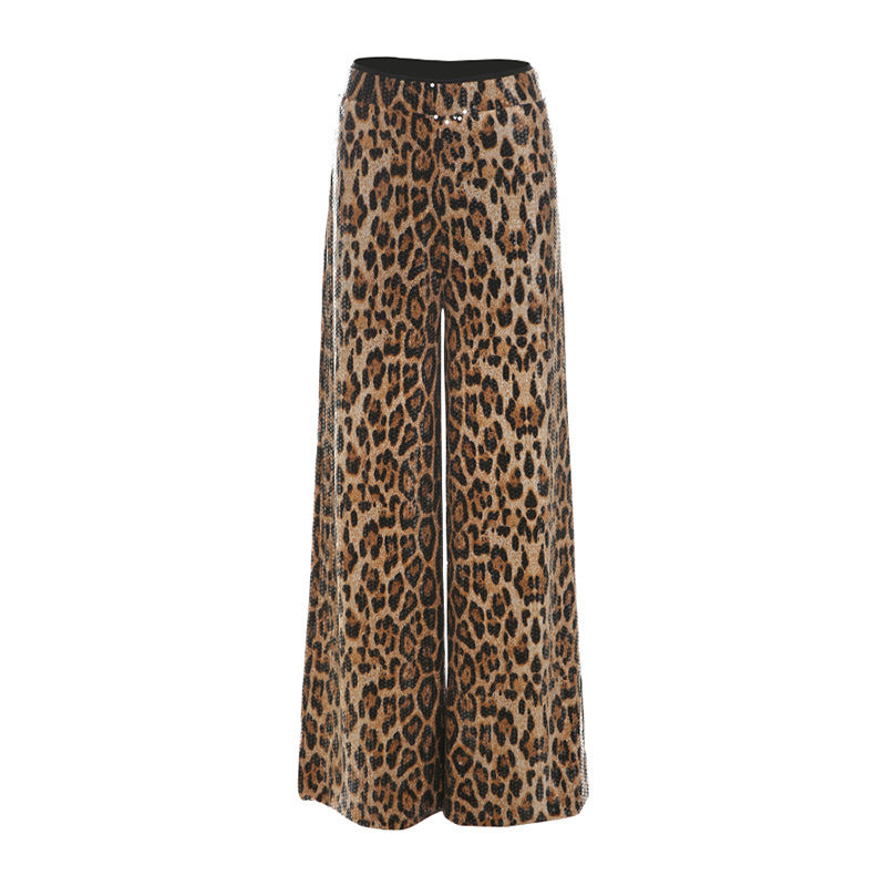 Fashion Leopard Print Sequined High Waist Straight Slim Fit Casual Trousers