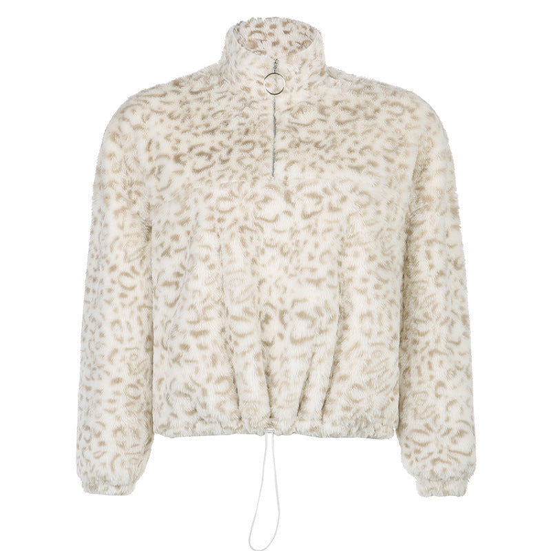 Leopard zipper solid color warm women's clothing coat