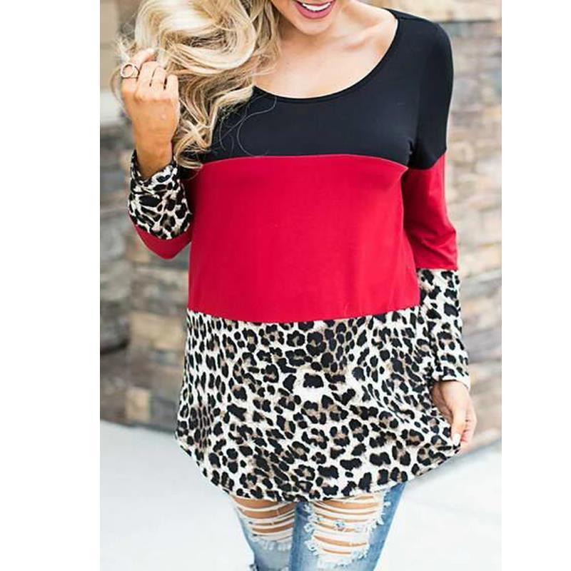 Ladies pullover leopard print stitching round neck long sleeve T-shirt