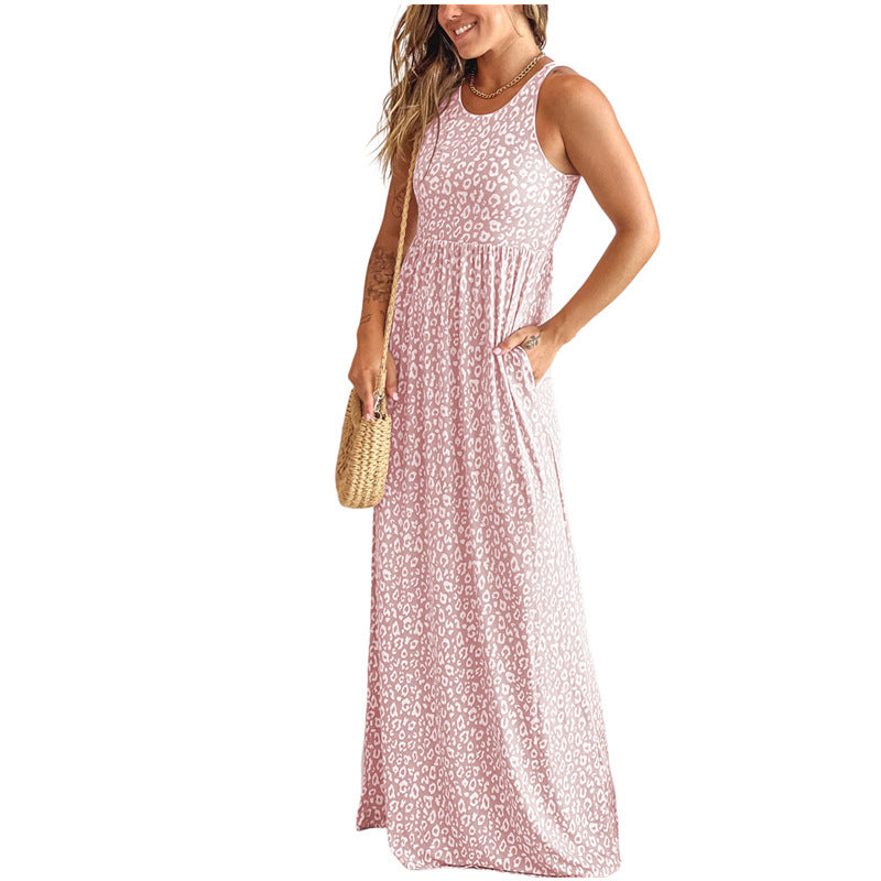 Leopard Print Vest Sleeveless Round Neck And Long Pattern Dress