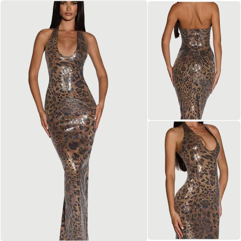 Leopard-print Halter Sequin Sleeveless Bodycon Dress