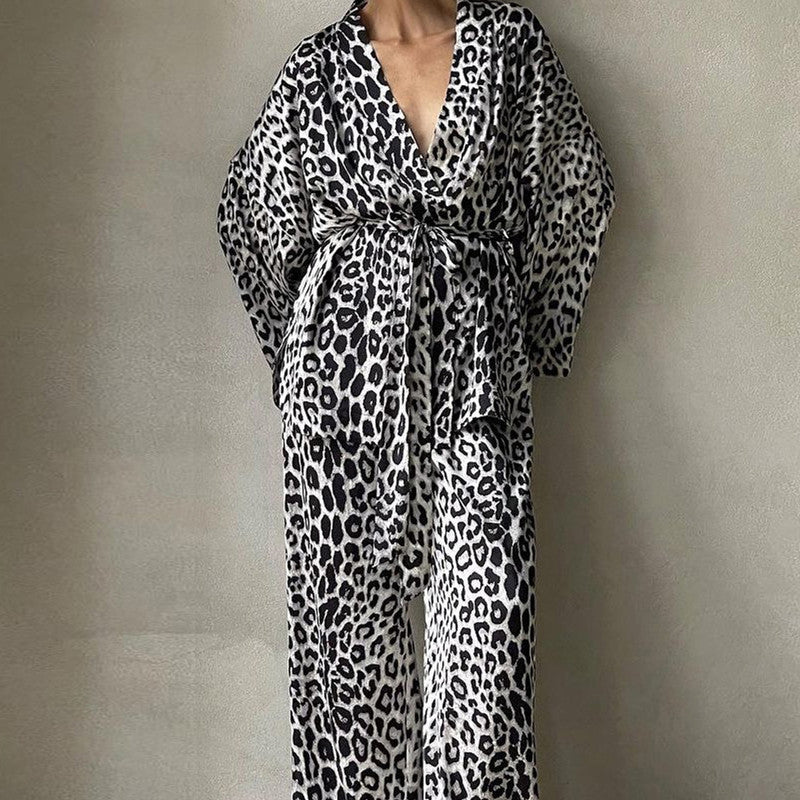 Leopard Print Long-sleeved Trousers Lace-up Suit Fashion New Two-piece Suit Women