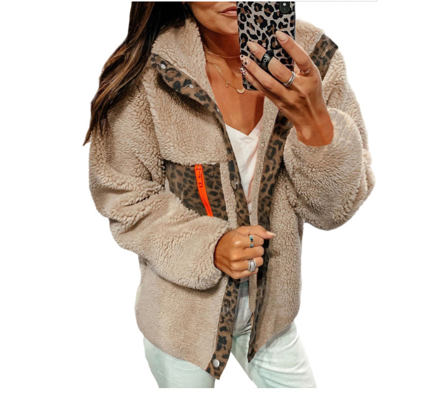 Women's Leopard Print Zipper Long Sleeve Plush Jacket