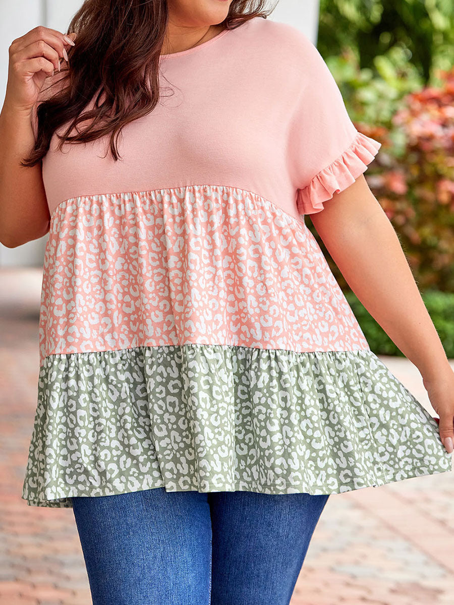 Personalized Leopard Print Pullover Ruffled Short Sleeves Plus size Women