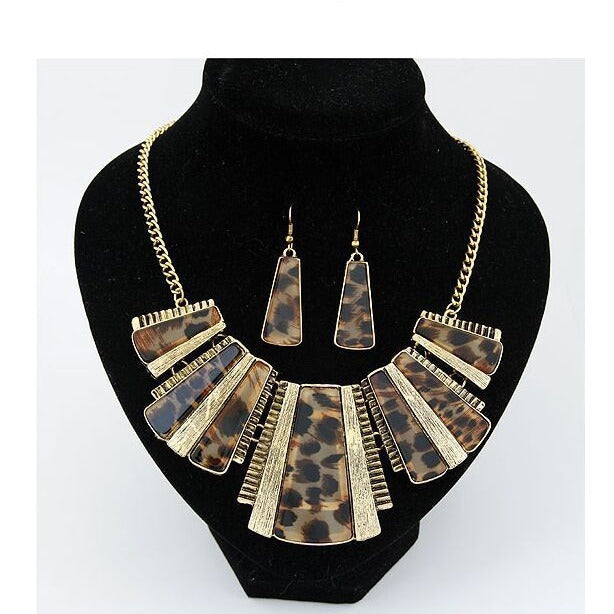Vintage Leopard Print Necklace Sweater Chain Earrings Suit