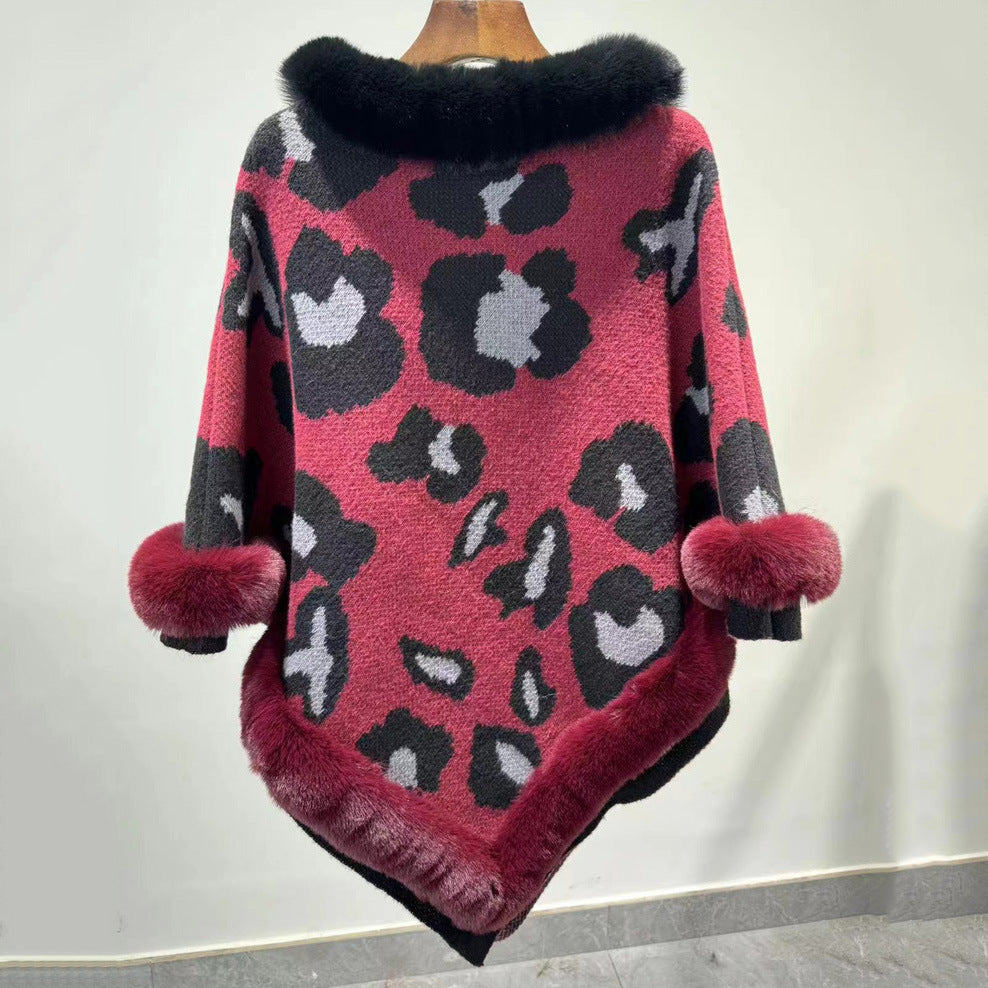 Leopard Print Plus Size Pullover Cloak Big Fur Collar Irregular Mid-length Cloak