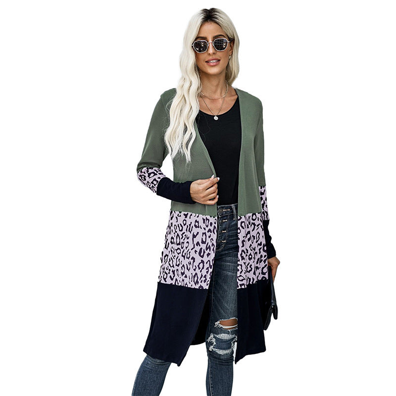 Scarf Collar Leopard Print Stitching Loose Knit Sweater Women's Jacket
