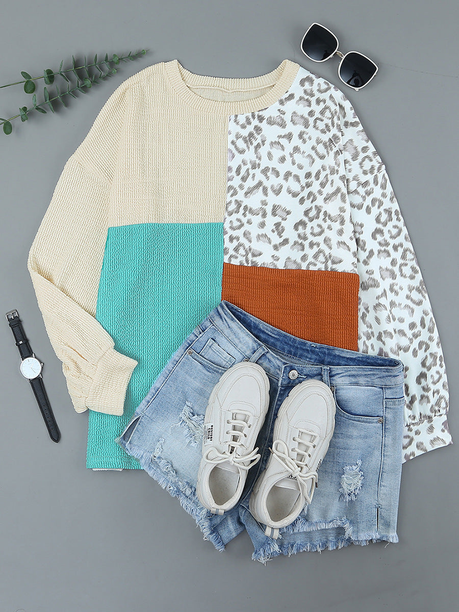 Women's Leopard Print Round Neck Long Sleeve Contrast Color Top