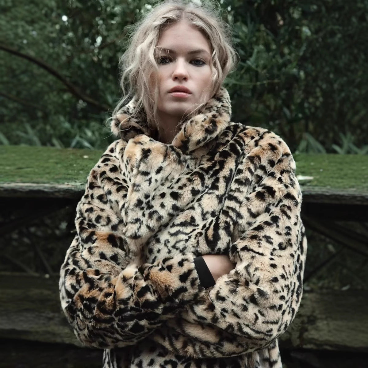 Faux Fur Effect Fashion Leopard Print Mid-length Coat