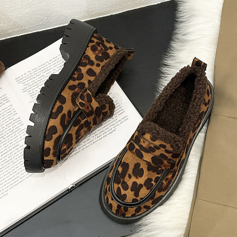 Plus Size Fleece Lined Loafers Leopard Print British Style