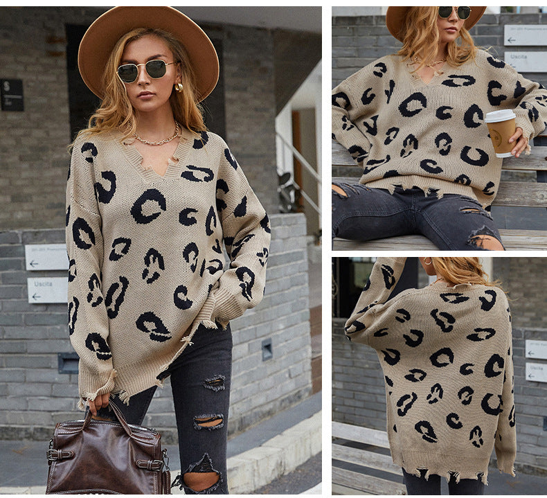 Women's V-neck Leopard Sweater