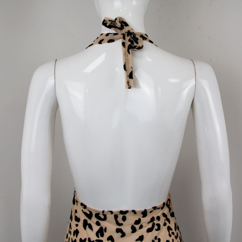 Sommer Neue Leopard Print Mesh Beflockung Perspektive Schlanker Ausschnitt Kleid