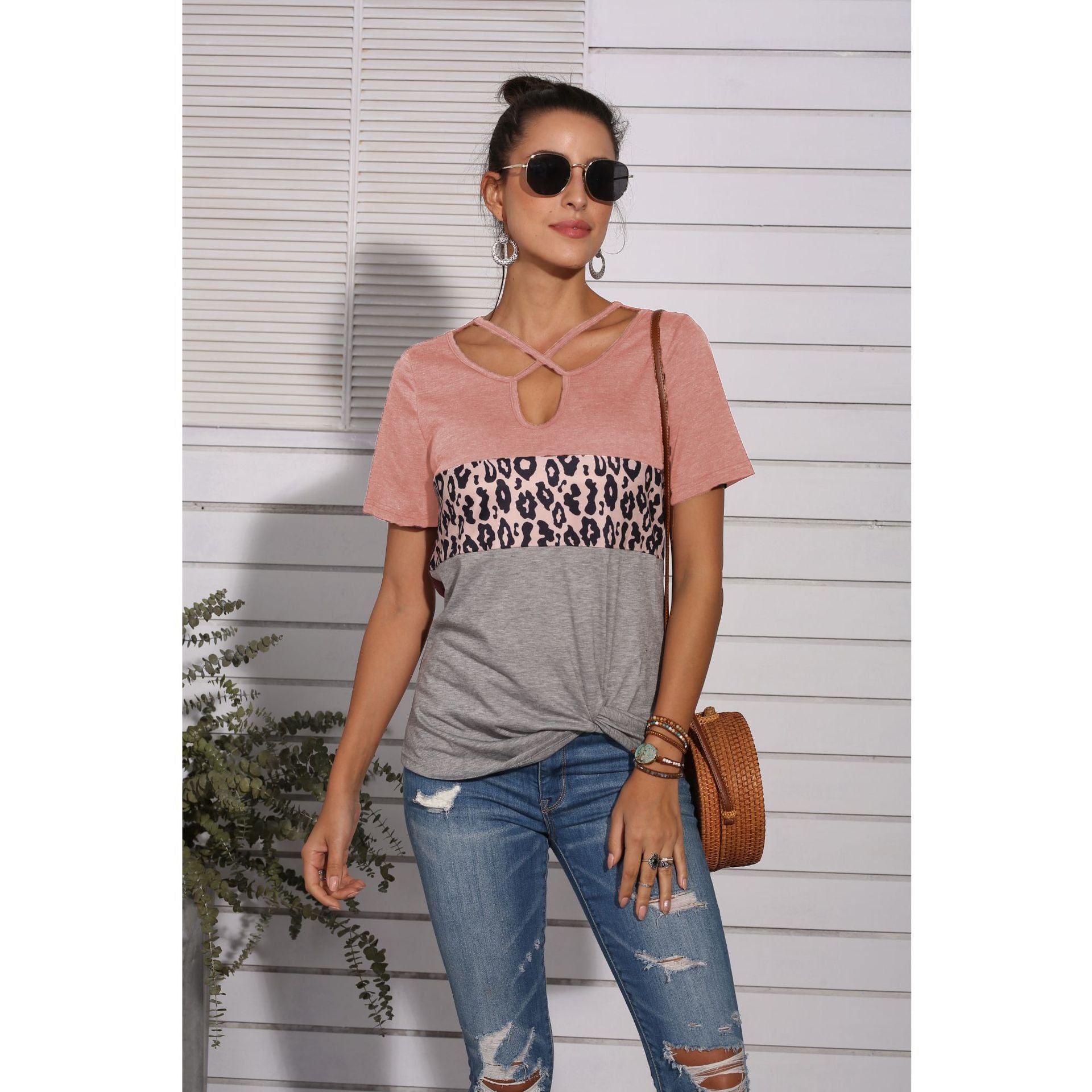 Leopard stitching cross strap short sleeve