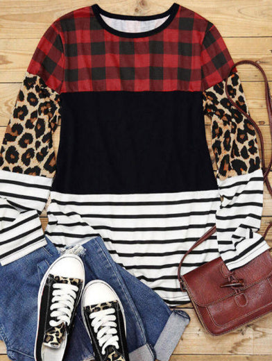 Plaid Print Leopard Splicing Striped Color Block Long Sleeve Top
