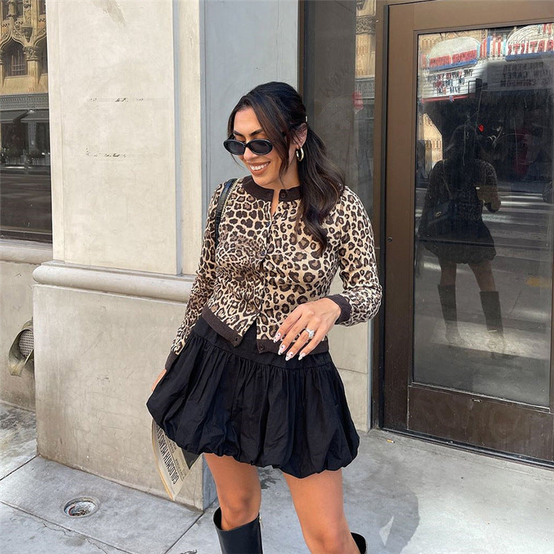 Design Leopard Print Long Sleeve Knitted Cardigan Top