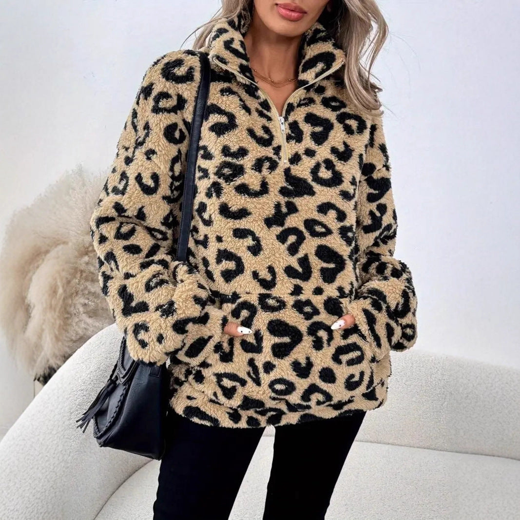 Women's Elegant Fashion Temperament Pocket Leopard Print Sweater