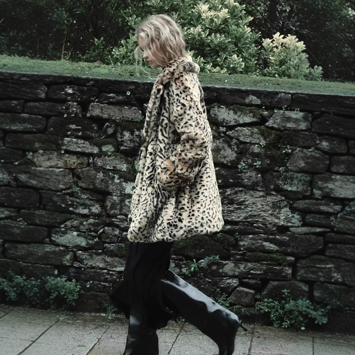 Faux Fur Effect Fashion Leopard Print Mid-length Coat