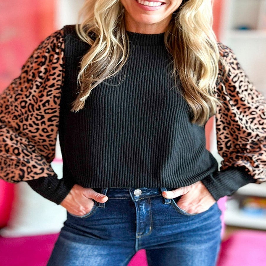 Sweater Women's Leopard Print Thread Knitted Long-sleeved Top
