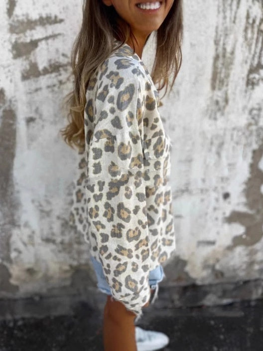 Leopard Print Women's Fashion Loose-fitting Long Sleeves Shirt
