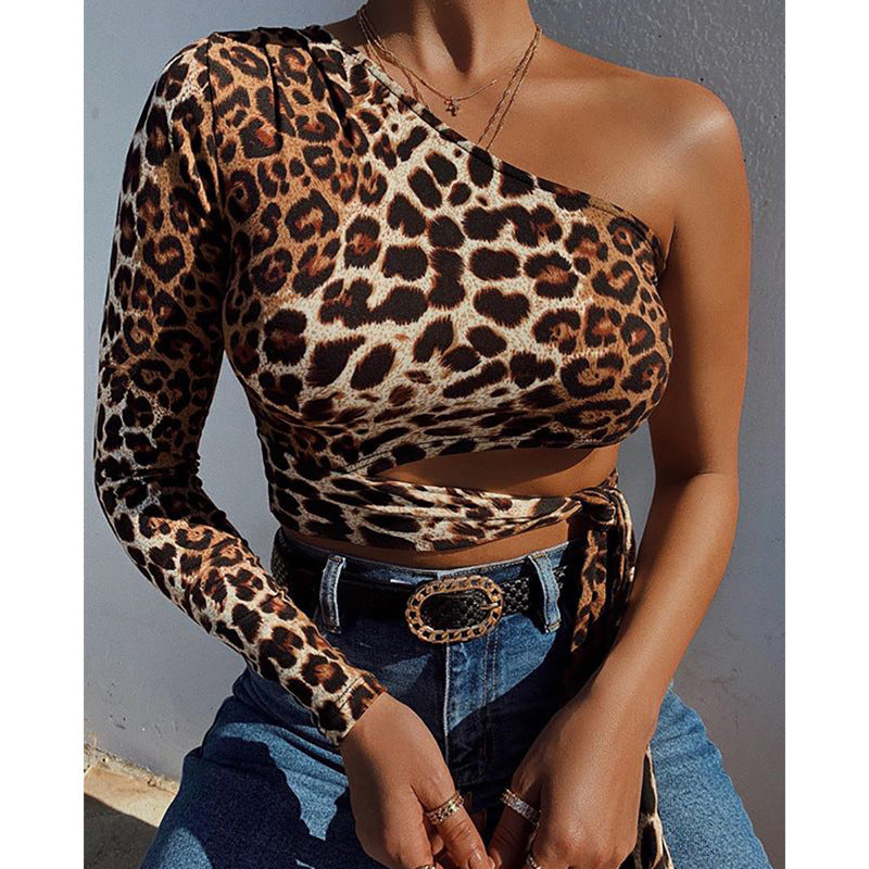 Leopard print cropped sexy slim blouse Shirt