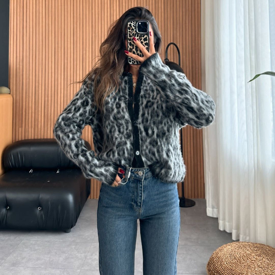 Women's Fashion Lazy Round Neck Leopard-print Sweater