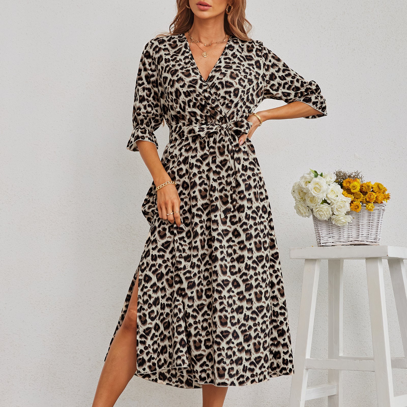 Europäisches und amerikanisches Damen Leopard Print Schlitzkleid