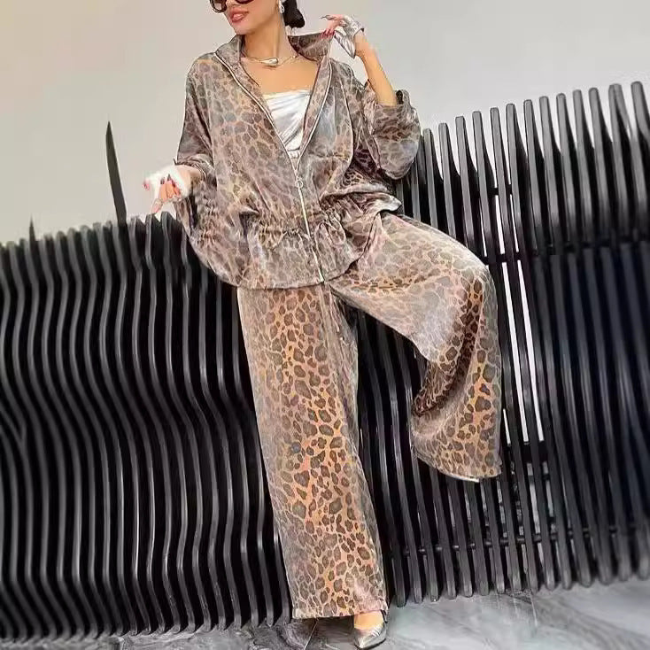 European And American Lapel Waist Drawstring Long Sleeve Leopard Print Casual Suit
