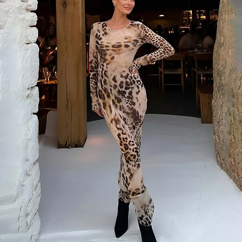 Fashionable Vintage-style Sexy Figure-hugging Leopard-print Dress