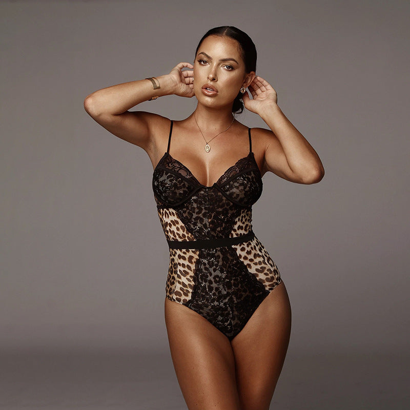 Lace halter leopard print jumpsuit Bikini Swimsuit