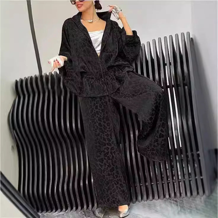 European And American Lapel Waist Drawstring Long Sleeve Leopard Print Casual Suit