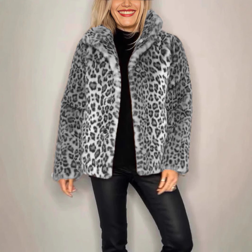 Winter New Warm Women's Fashionable Leopard Print Lapel Faux Leather Woolen Top
