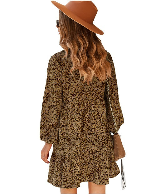 Autumn And Winter New Women's Dress Leopard Print Long Sleeve Sexy Loose A- Line Skirt