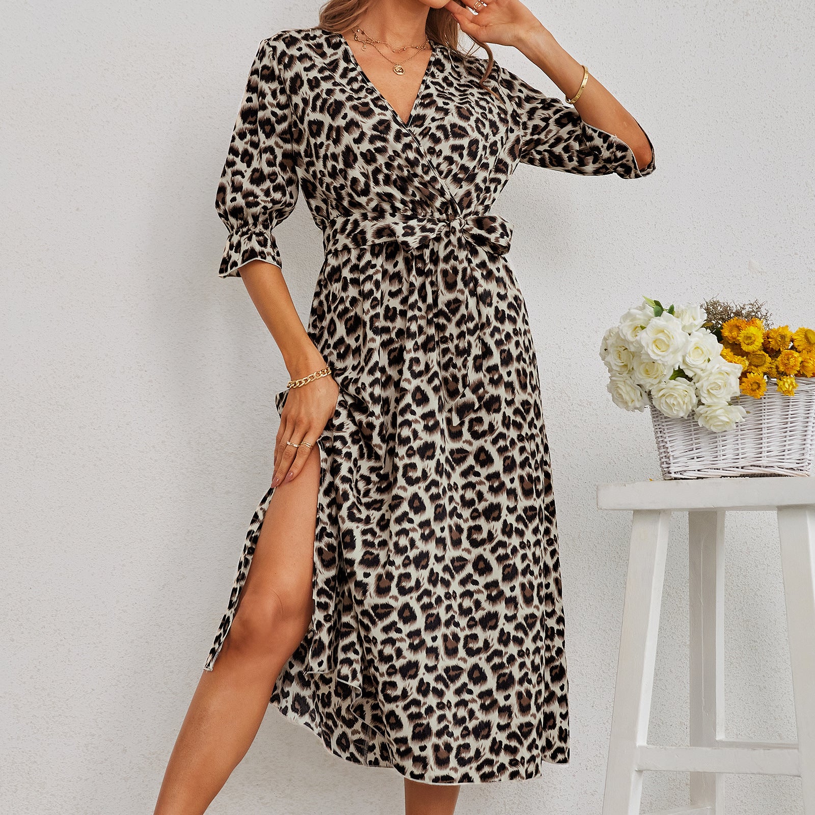 Europäisches und amerikanisches Damen Leopard Print Schlitzkleid