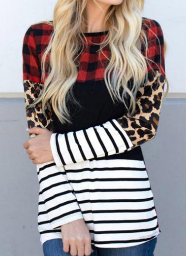 Plaid Print Leopard Splicing Striped Color Block Long Sleeve Top