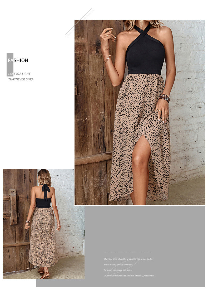 Summer Women's Leopard Print Halter Irregular Slit Dress for Her