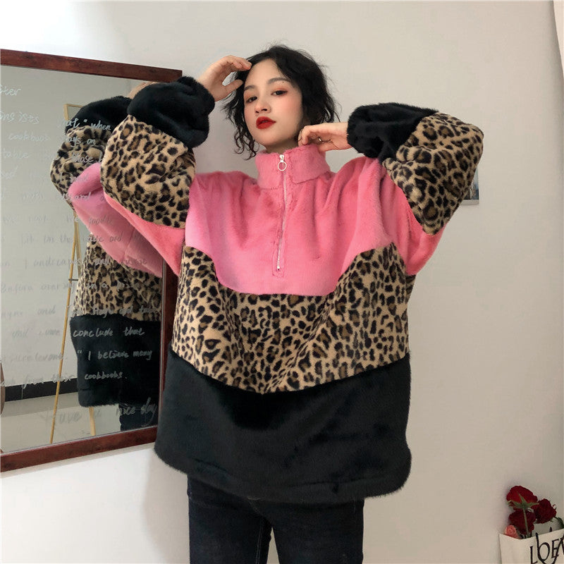 Leopard-patterned turtleneck zip warm sweatshirt