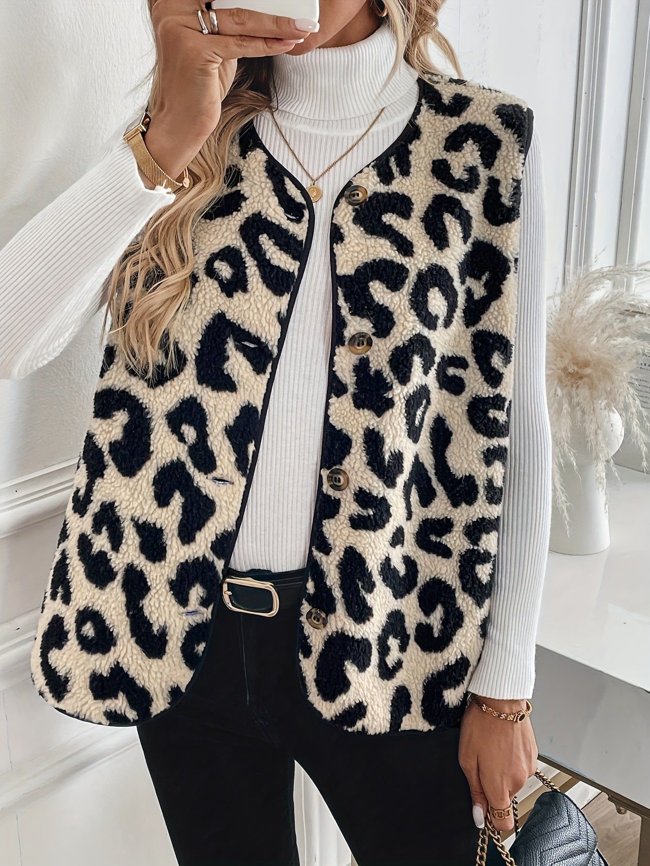 New Leopard Print Front Button Plush Fashion Vest Jacket