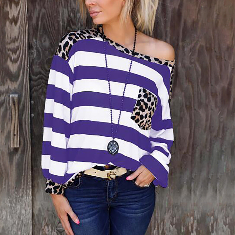 Printed Long Sleeve Stitching Leopard Print Pocket Loose Top