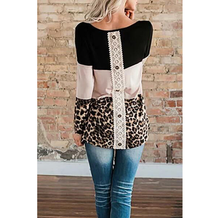 Ladies pullover leopard print stitching round neck long sleeve T-shirt
