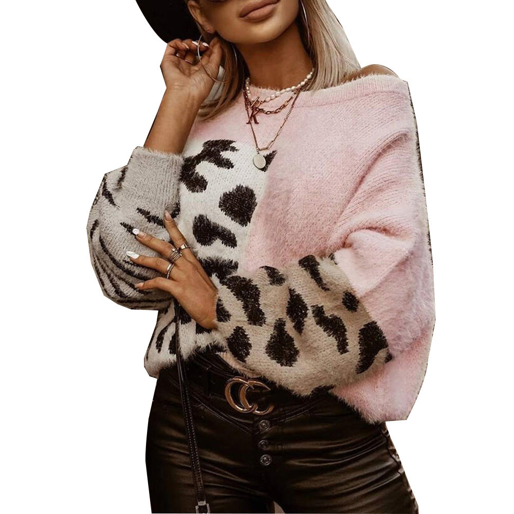 Leopard Print Long-sleeved Woolen Knitted Top Women Sweater