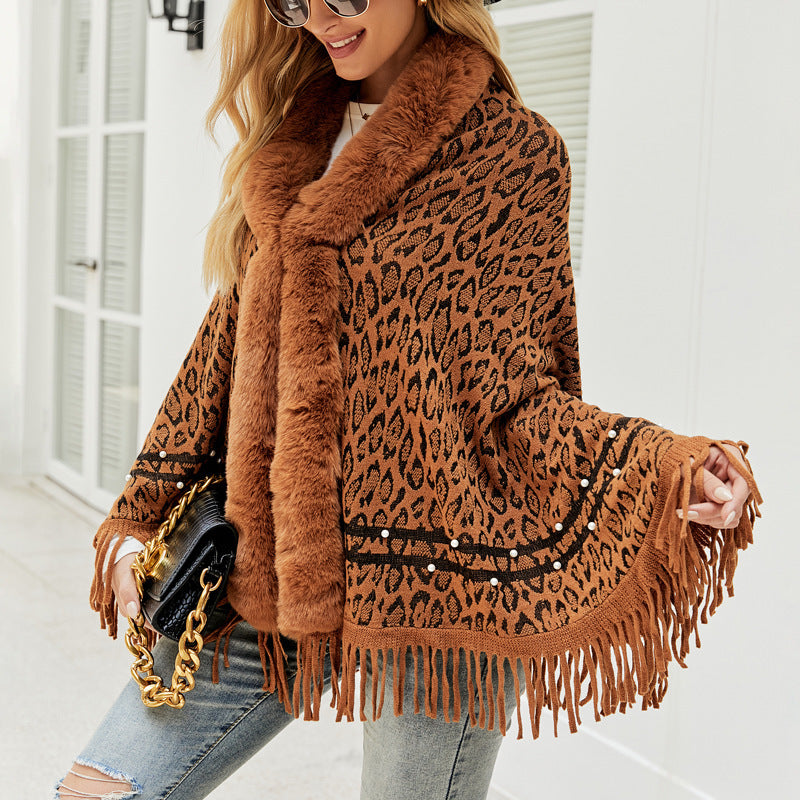 Women's Fringed Warm Leopard Print Fur Collar Coat