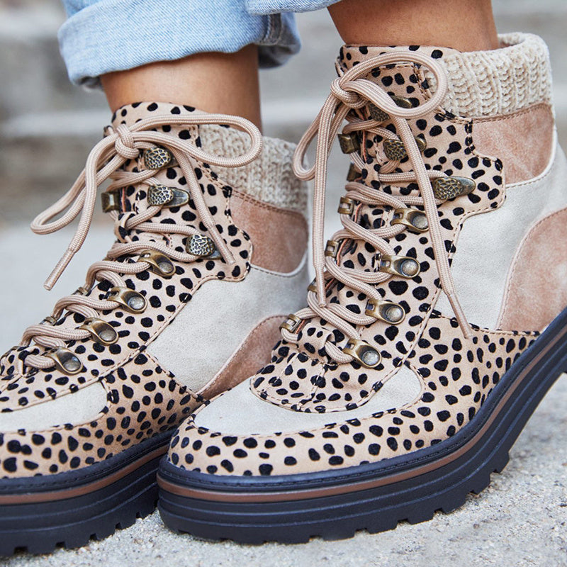 Leopard Stiefel Frauen Lace Up Martin Stiefel Winter Low Heel Schuhe