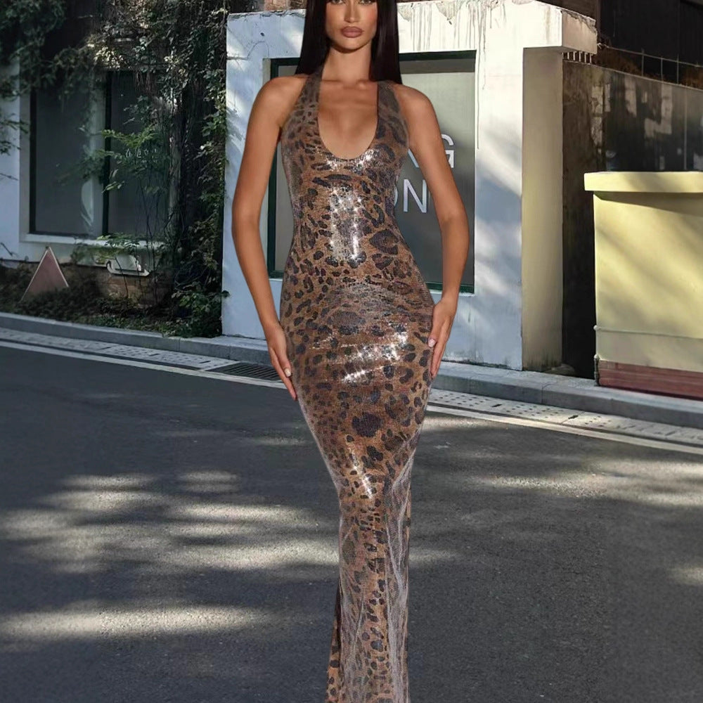 Leopard-print Halter Sequin Sleeveless Bodycon Dress