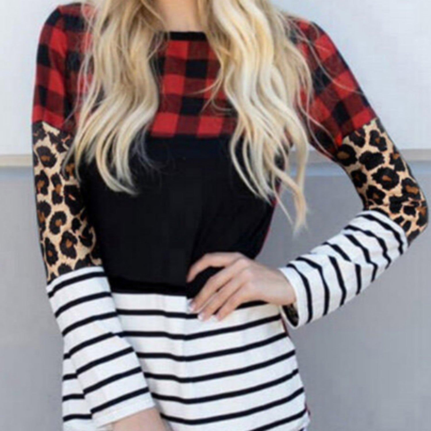 Plaid Print Leopard Splicing Striped Color Block Long Sleeve Top