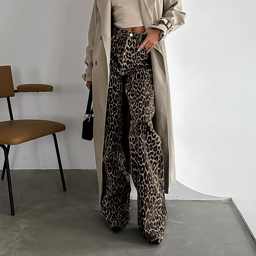 Summer Retro Street Style Loose Low Waist Leopard Print Trousers Versatile Cotton Wide Leg Pants Casual Pants