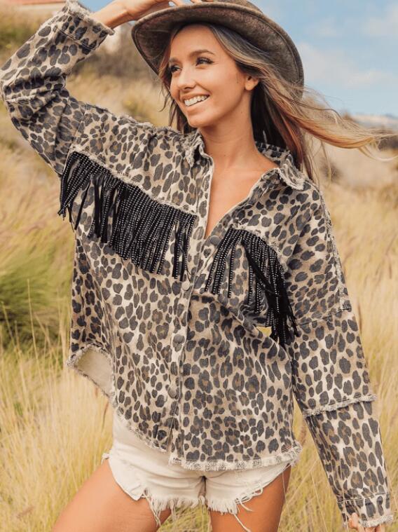 Women's Tassel Washed Distressed Leopard Denim Jacket