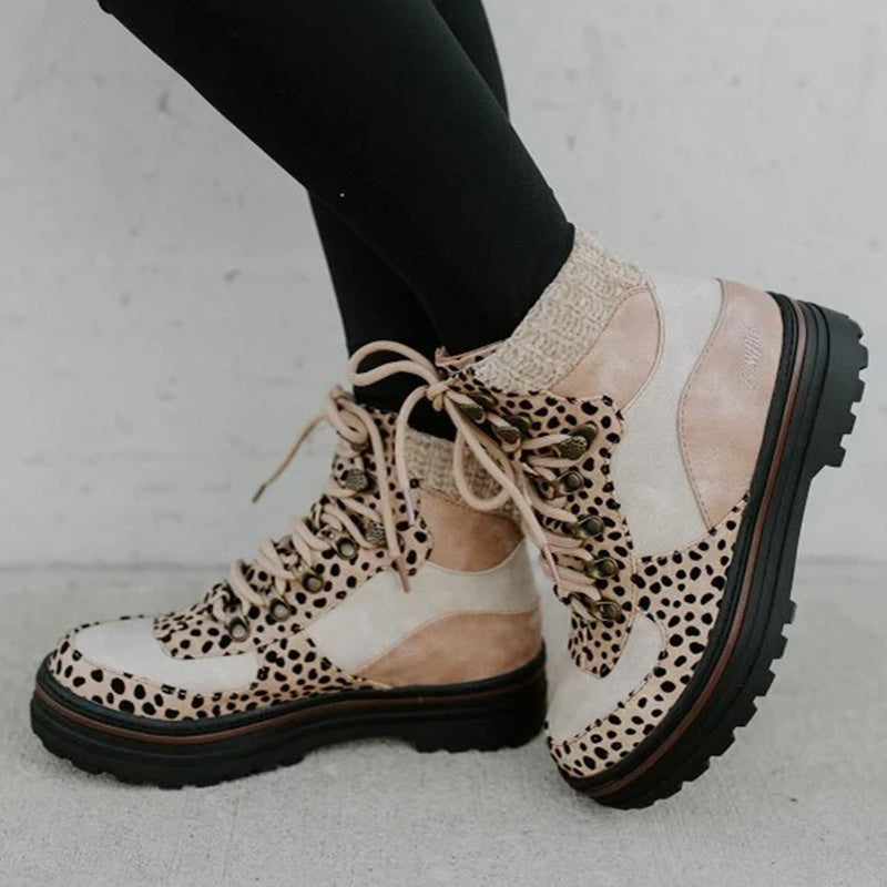 Leopard Stiefel Frauen Lace Up Martin Stiefel Winter Low Heel Schuhe