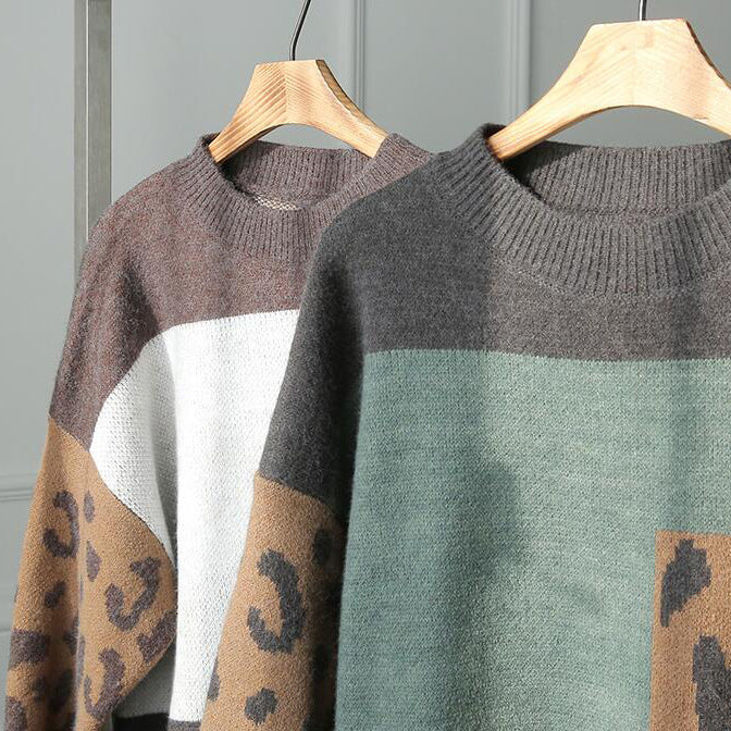 Lazy Style Pullover Color Block Leopard Sweater