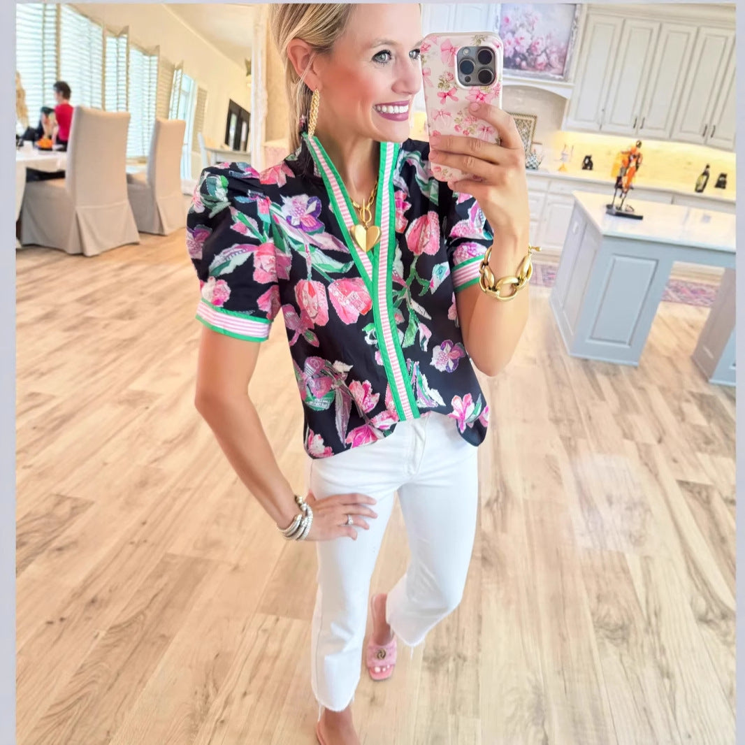 European And American Leisure Fashion Leopard Print Contrast Color Ruffled Short Sleeves