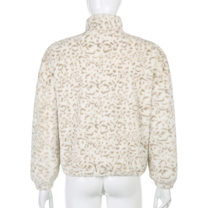 Leopard fur zipper long sleeve sweater